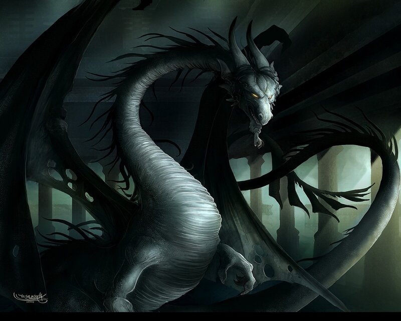 Dark dragon in ancient ruins
