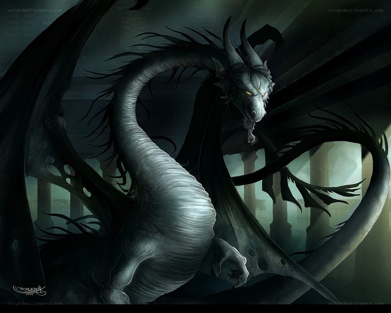 Dark dragon in ancient ruins