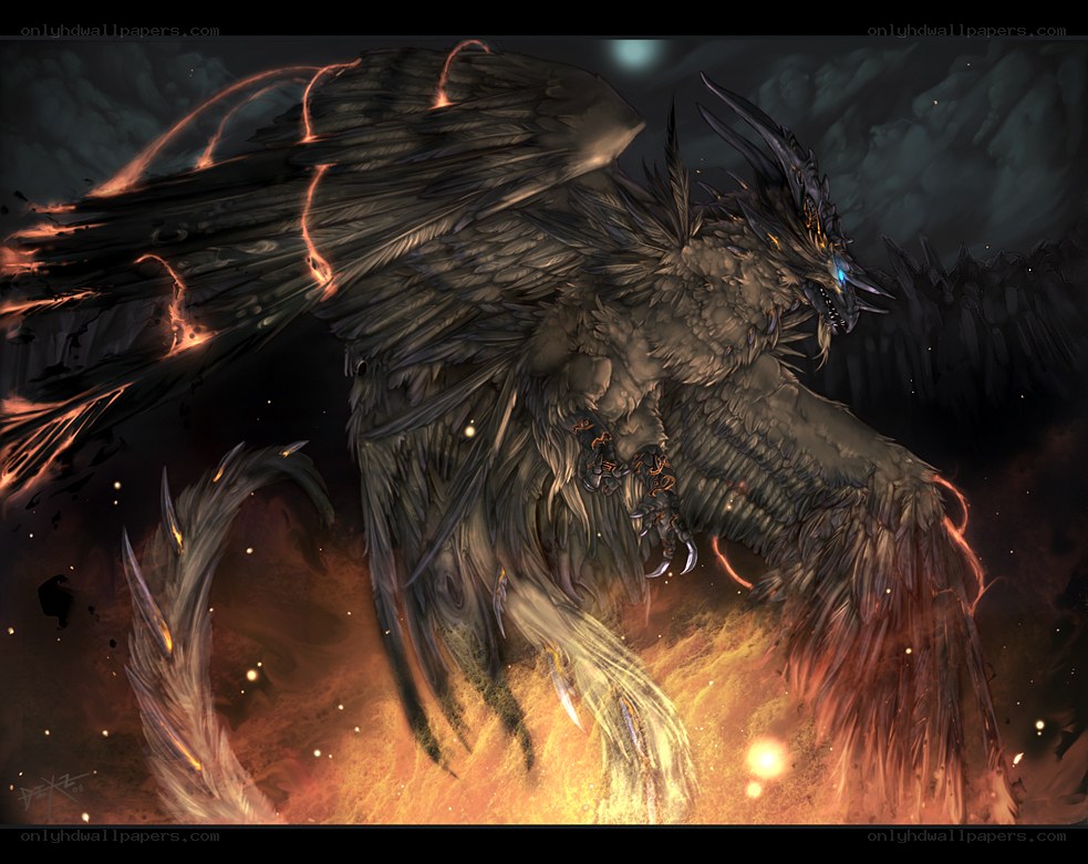Dark dragon in fiery sky