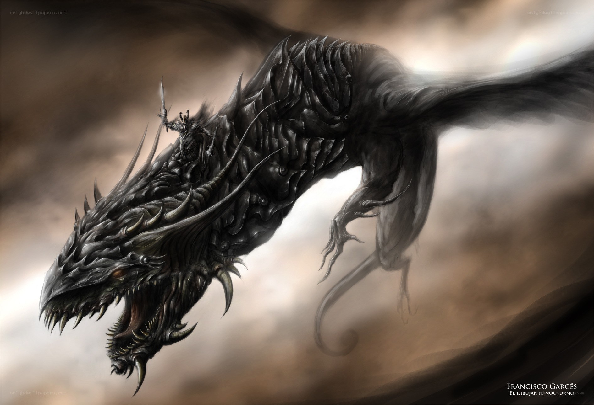Dark dragon in stormy sky