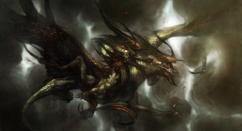 Dark dragon in stormy sky