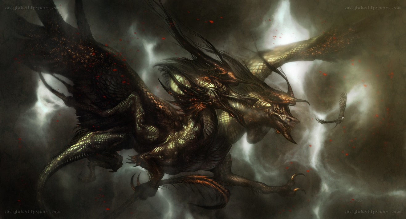 Dark dragon in stormy sky
