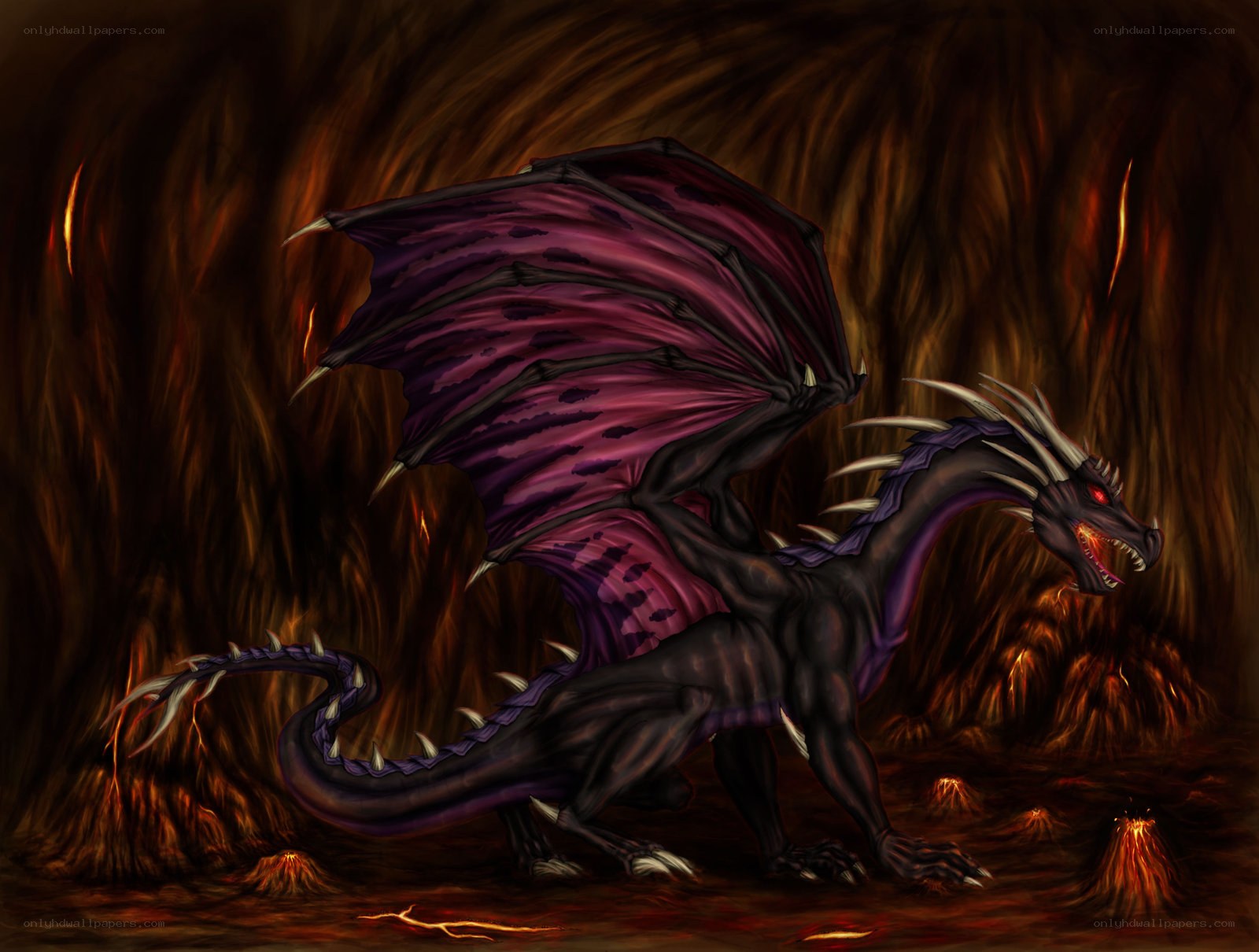 Dark dragon in volcanic cave