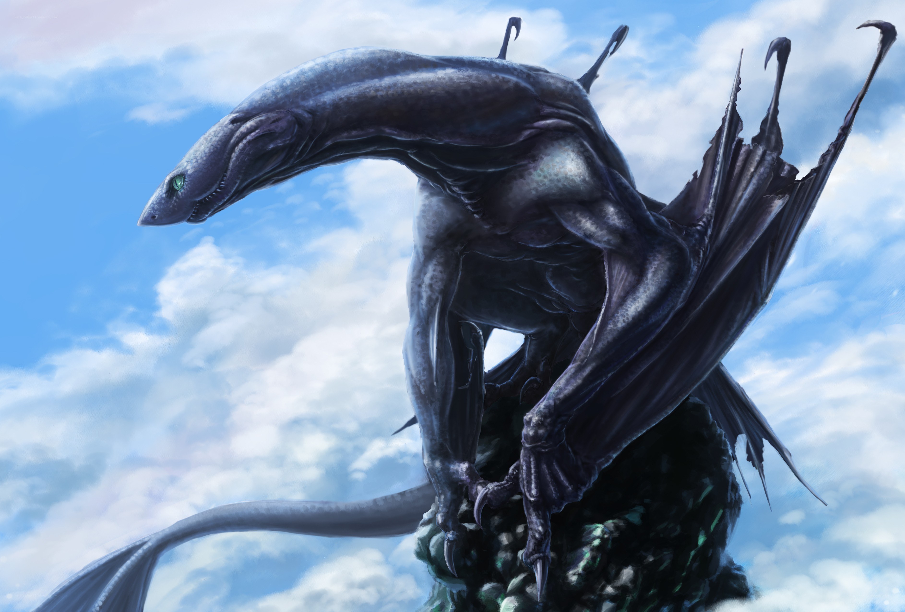 Dark dragon perched on a cliff