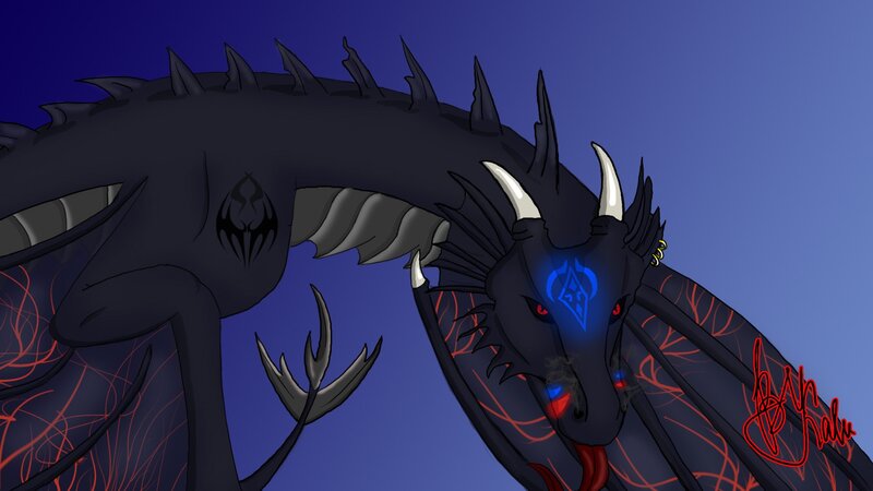 dark dragon with glowing eyes
