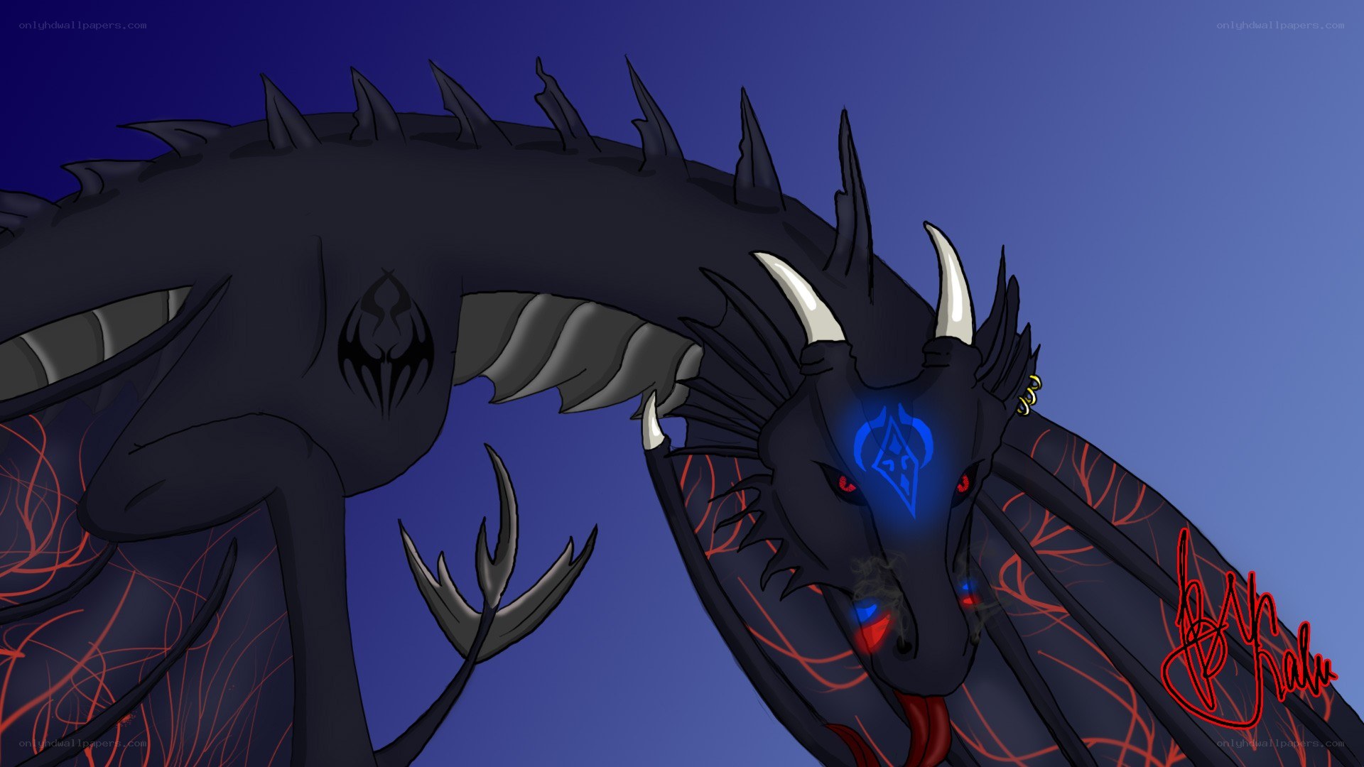 dark dragon with glowing eyes