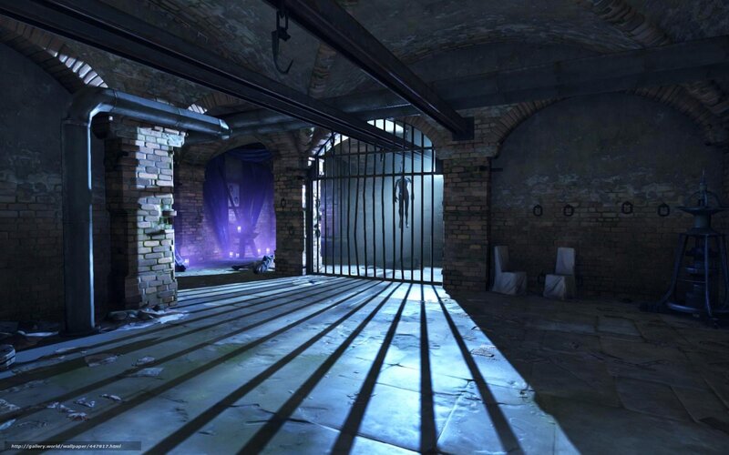 Dark dungeon with barred gate