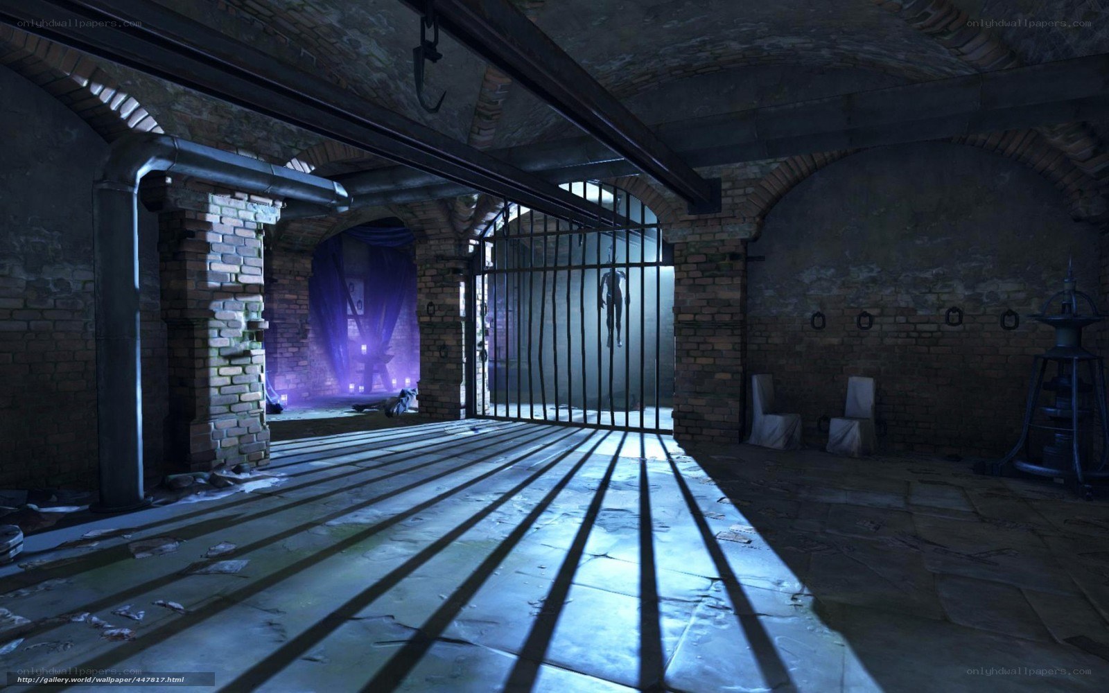Dark dungeon with barred gate