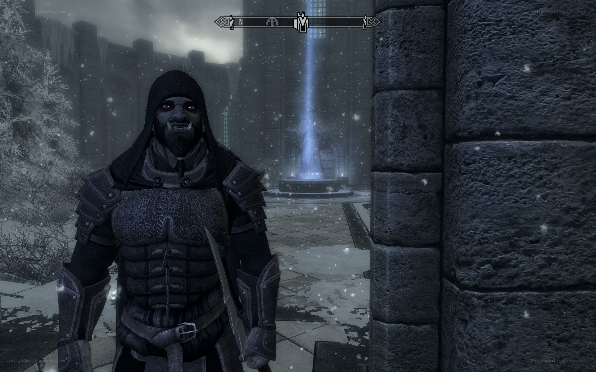 dark elf in snowy courtyard