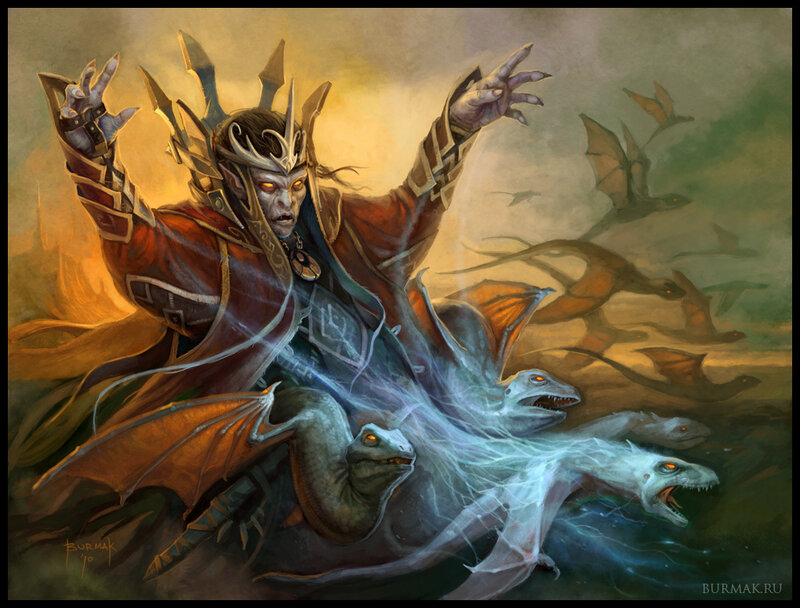Dark elf mage summoning dragons