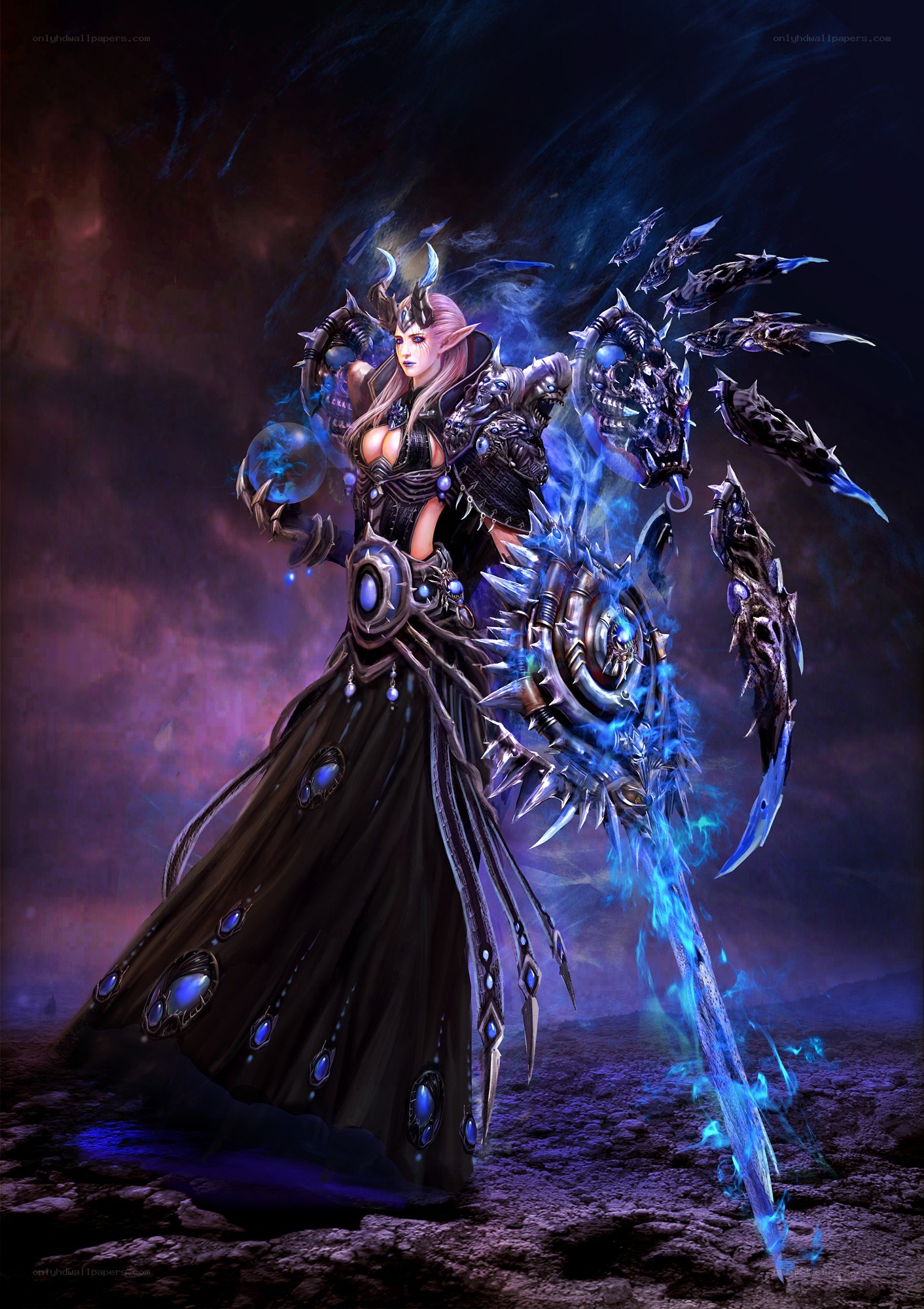 dark elf sorceress with glowing weapon