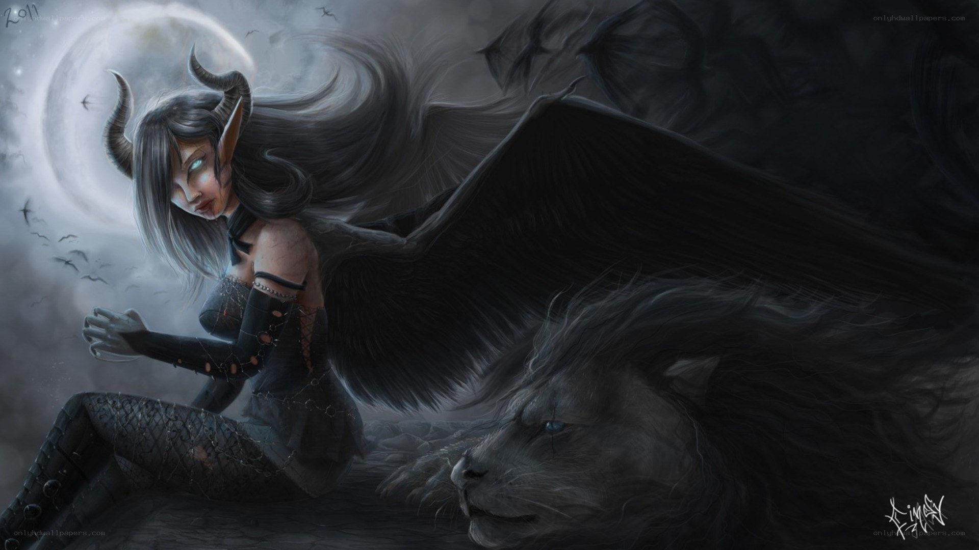 dark elf with wings and lion