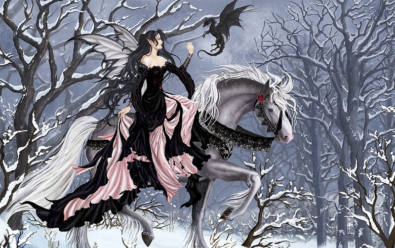 Dark fairy on a white horse