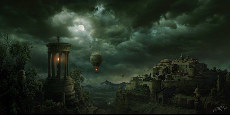 Dark fantasy airship landscape