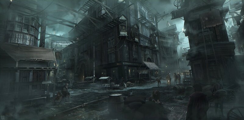 dark fantasy alleyway scene