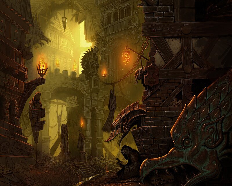 dark fantasy alleyway scene