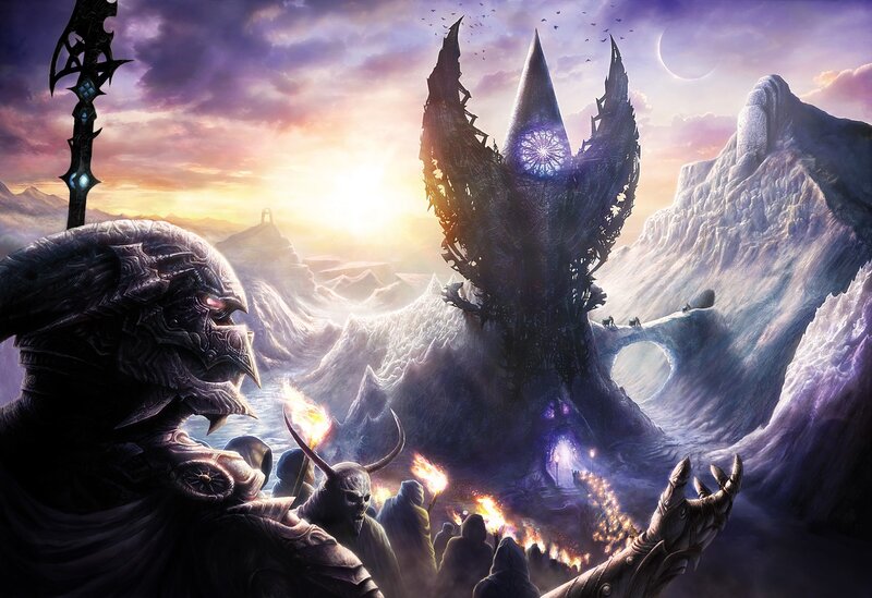 Dark fantasy army approaching fortress