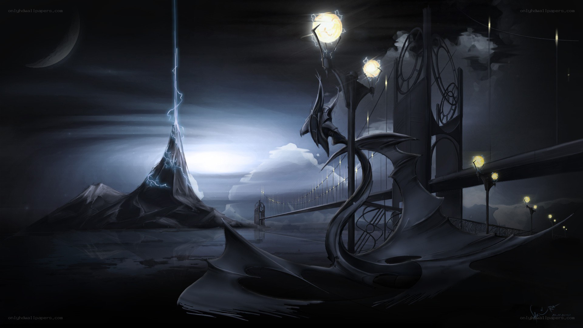 Dark fantasy bridge at night