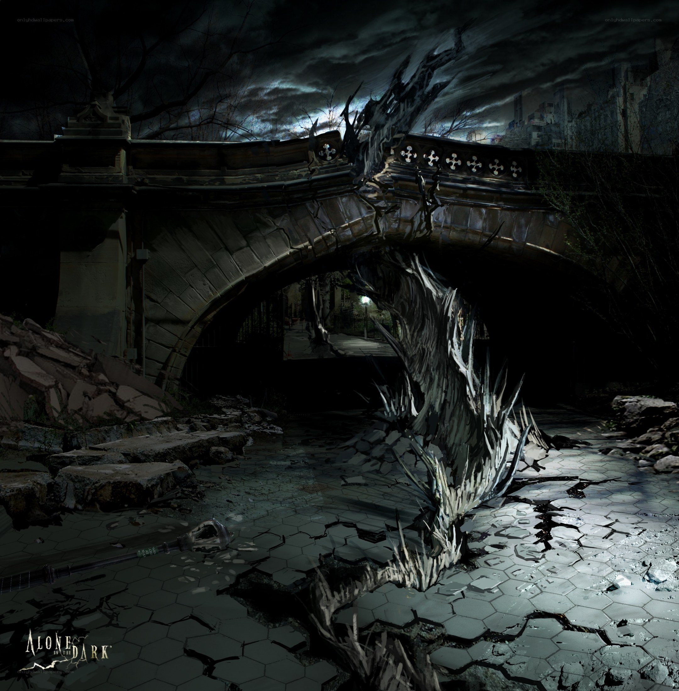 Dark fantasy bridge scene