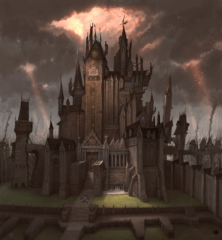 Dark fantasy castle at dusk