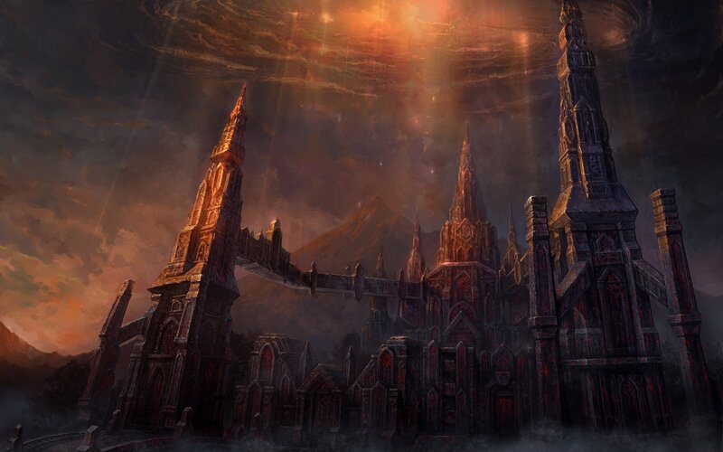 Dark fantasy castle at sunset