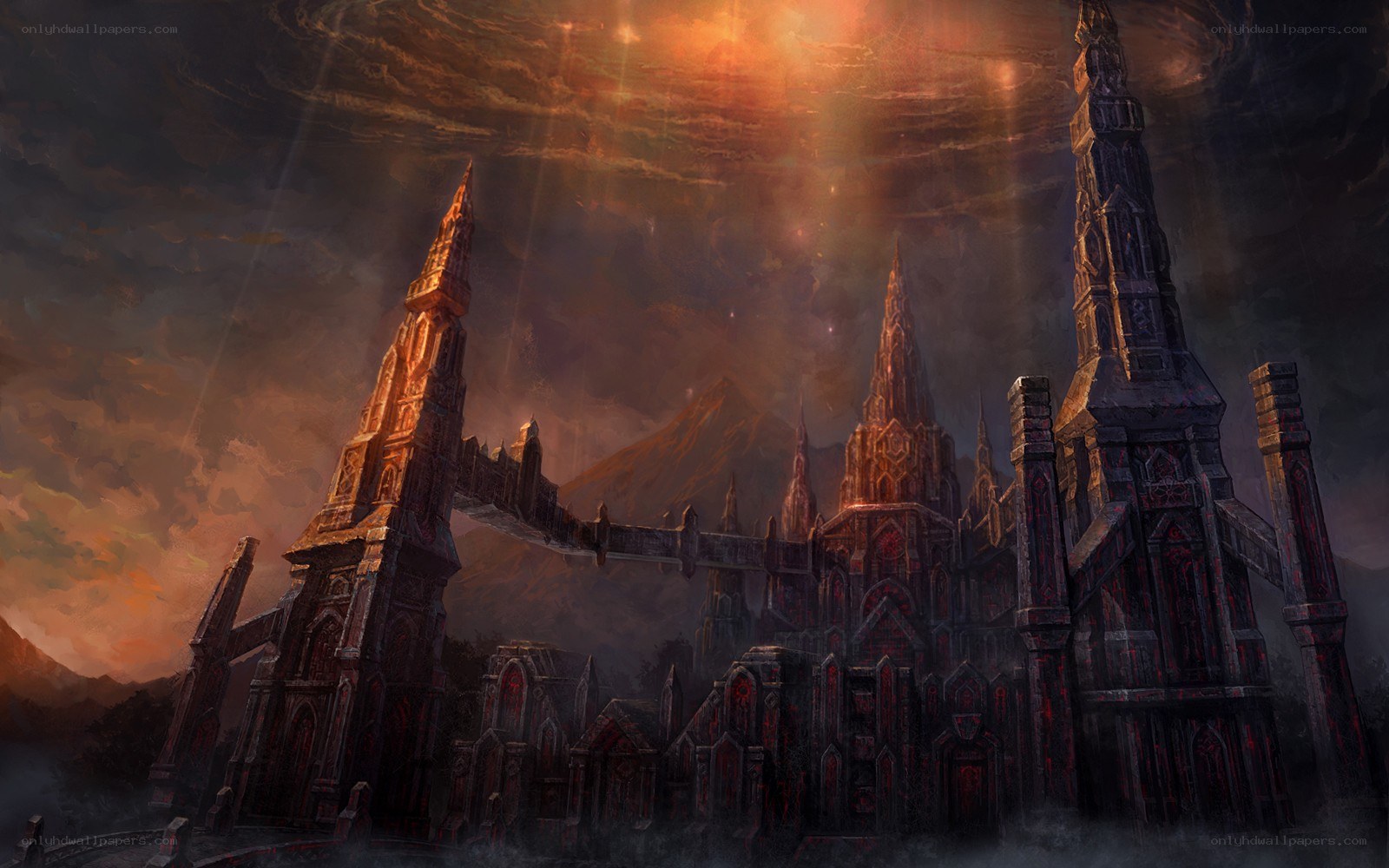 Dark fantasy castle at sunset