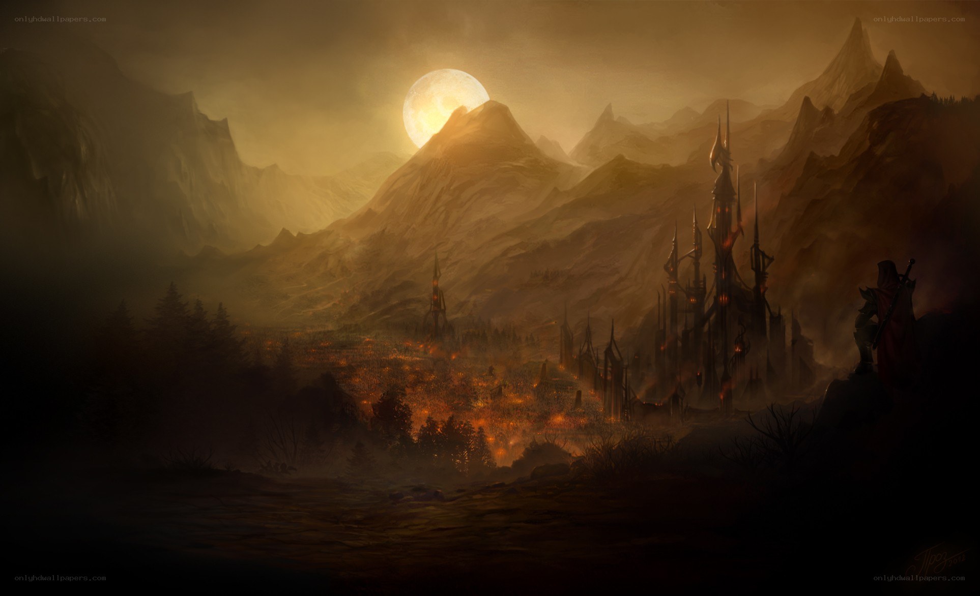 Dark fantasy castle at sunset