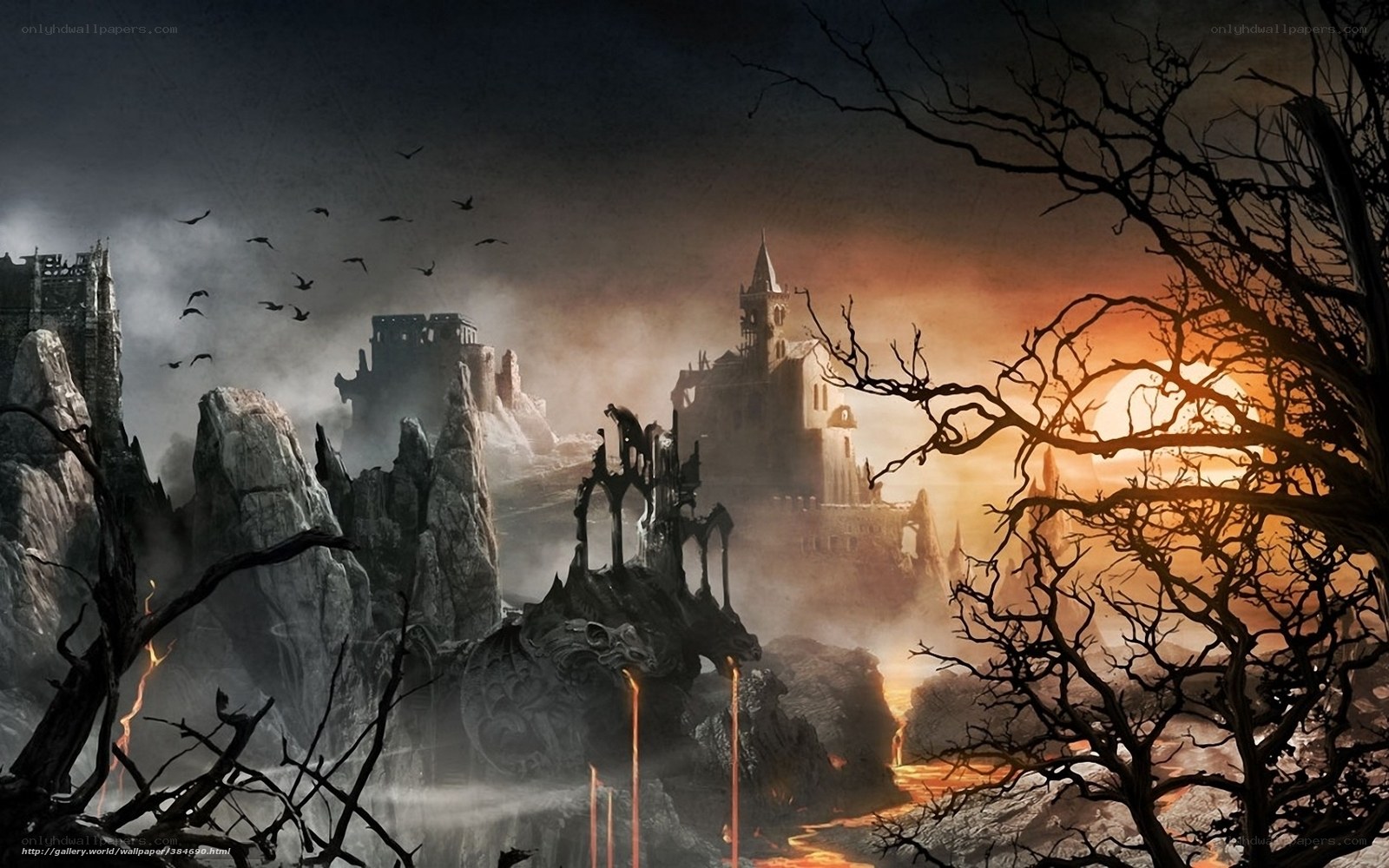 Dark fantasy castle at sunset