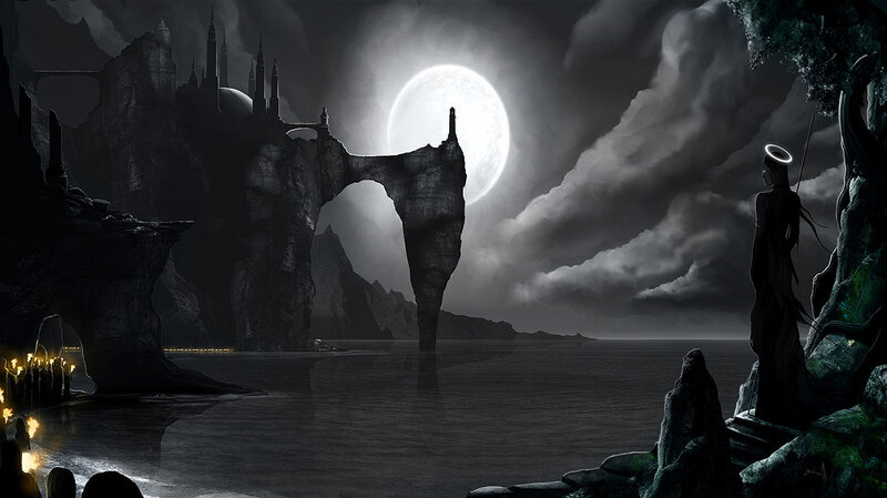 Dark fantasy castle by moonlight