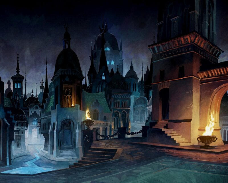 Dark fantasy city at night