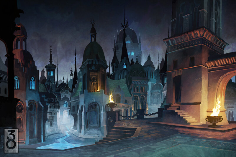 Dark fantasy city at night