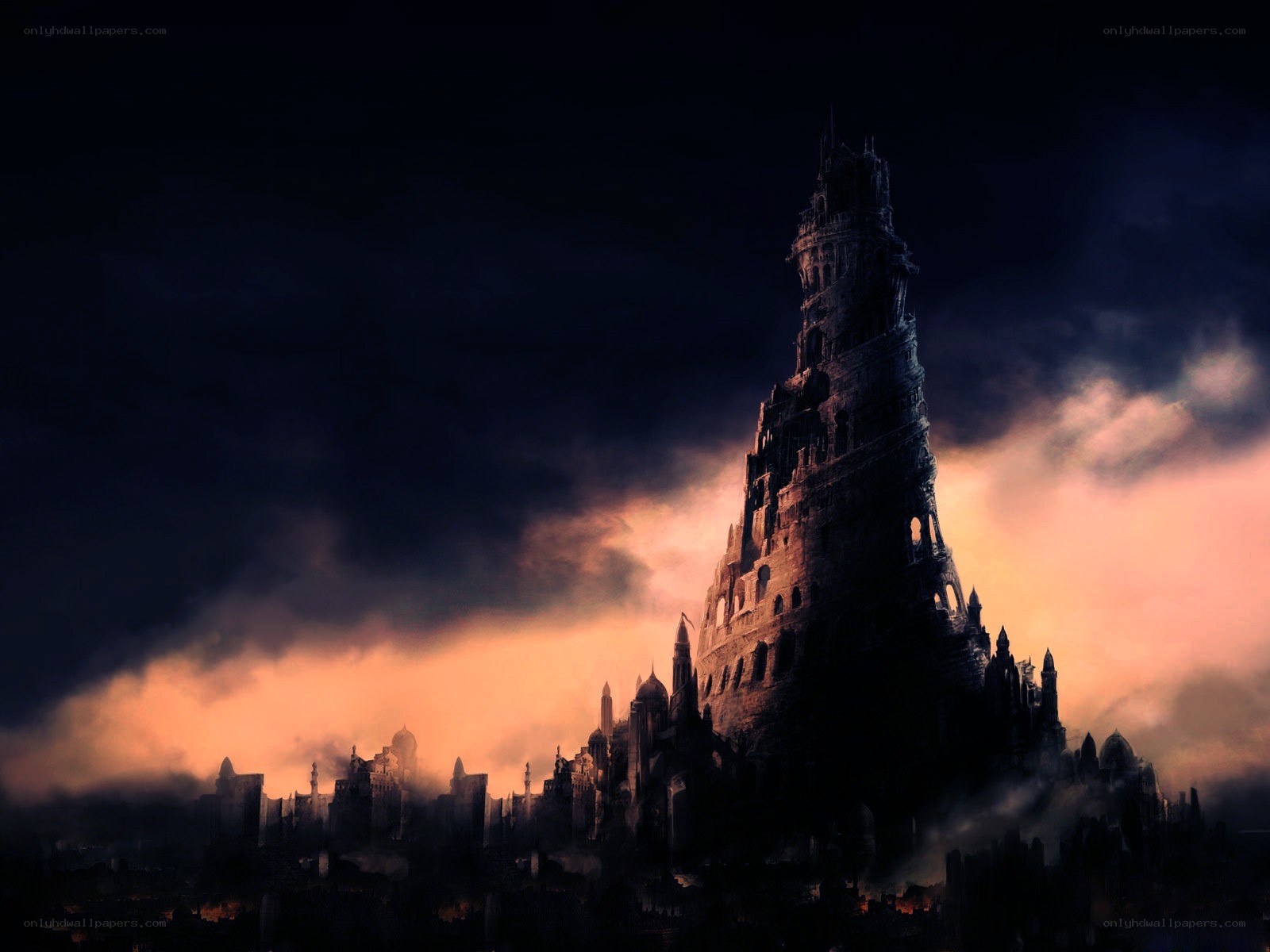 Dark fantasy cityscape at dusk