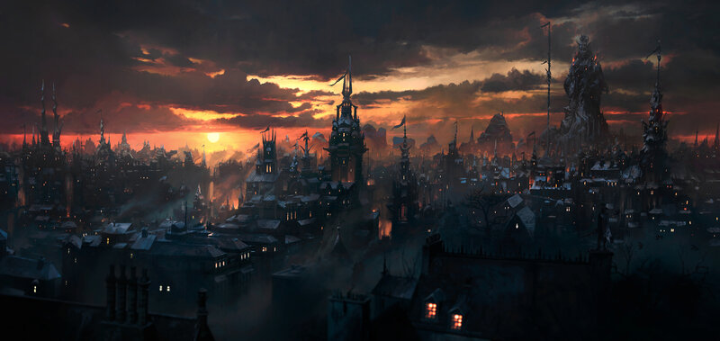 Dark Fantasy Cityscape — Orange