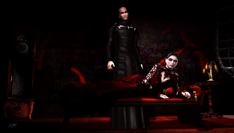 Dark fantasy couple in a gothic room