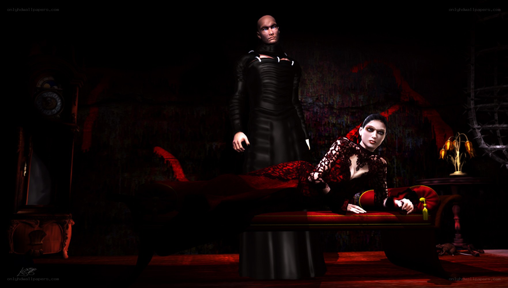 Dark fantasy couple in a gothic room