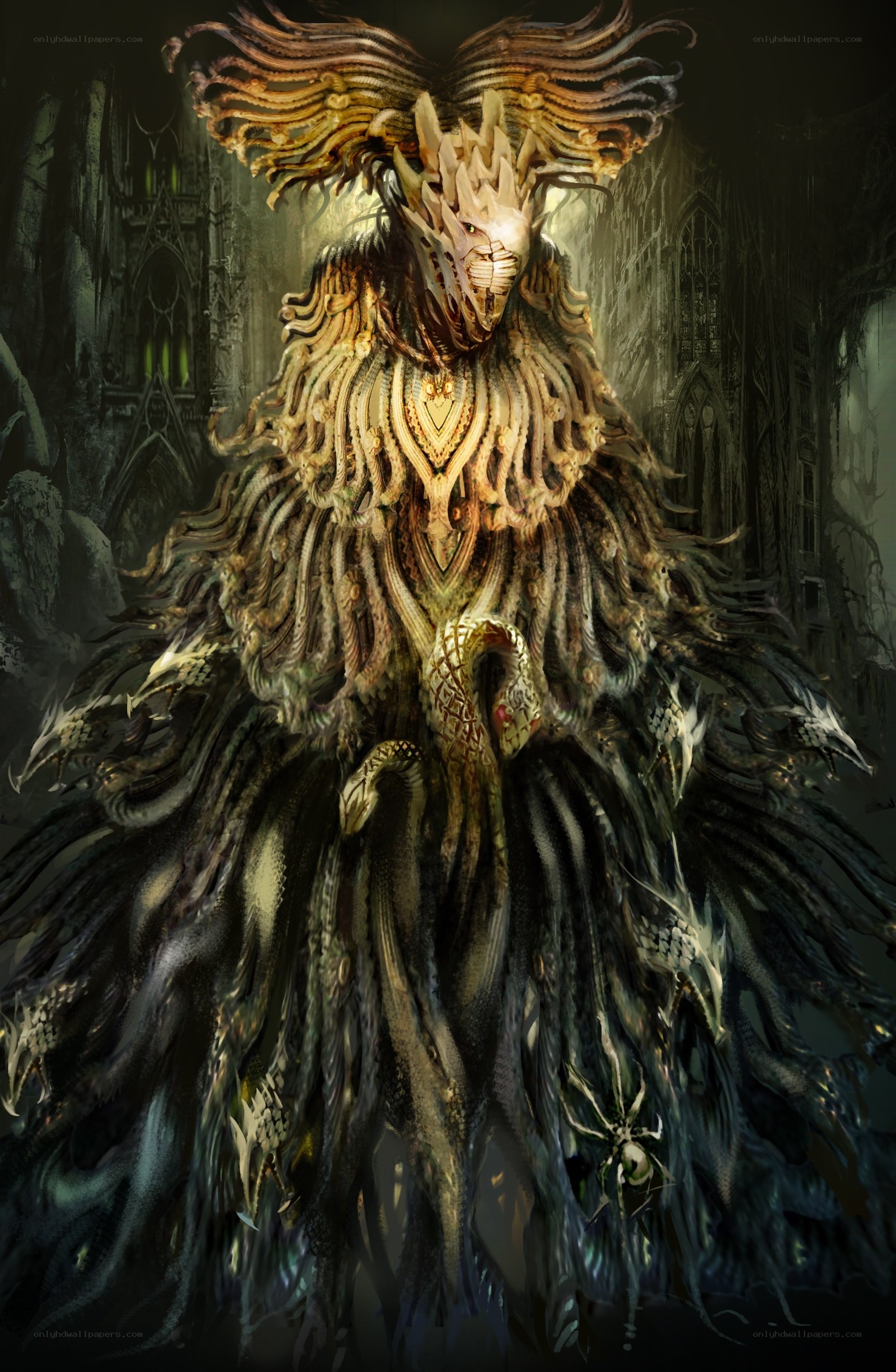 Dark fantasy creature in cathedral