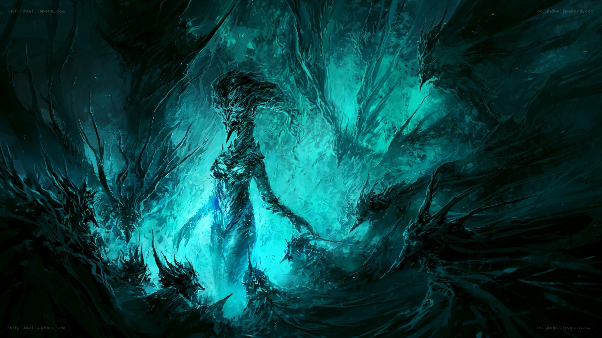 dark fantasy creature in glowing blue