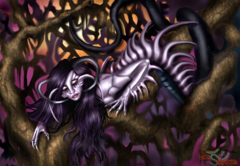 dark fantasy creature in tree