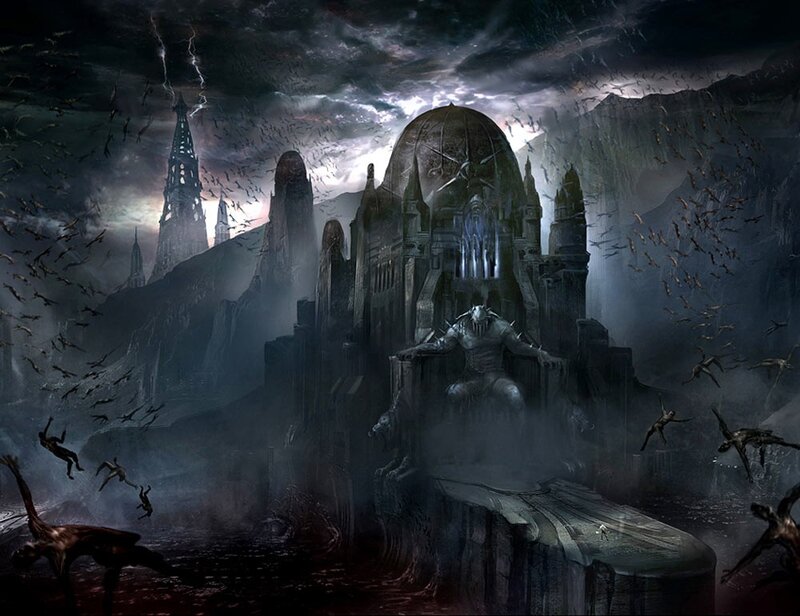 Dark fantasy fortress with demon king
