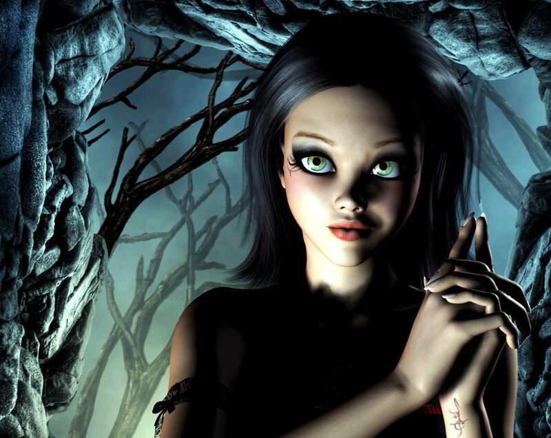 dark fantasy girl in cave