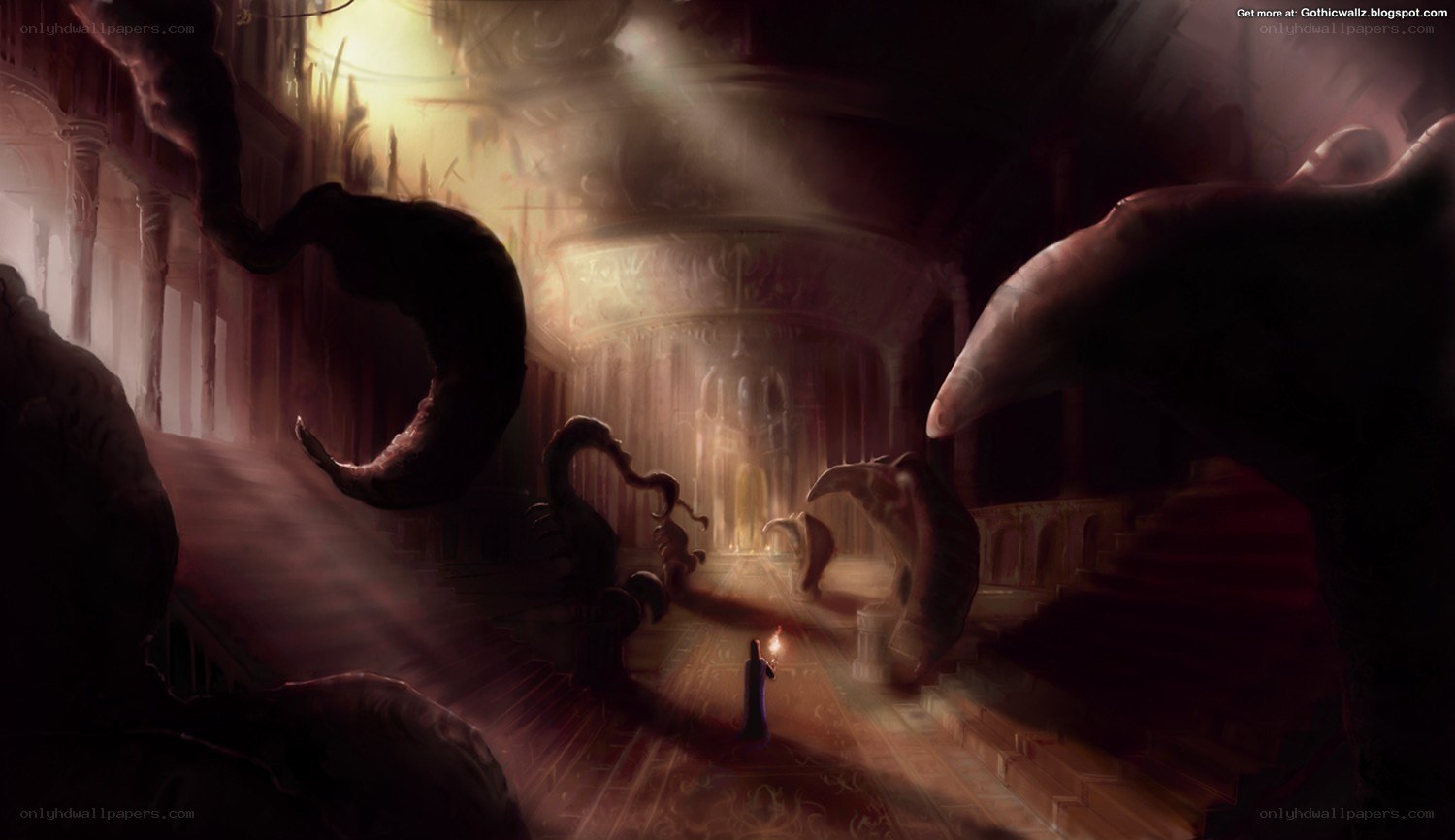 Dark fantasy hall with tentacles