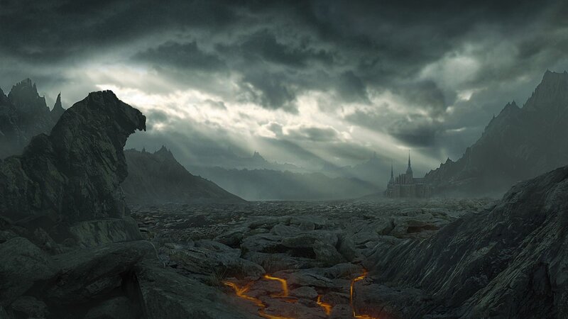 dark fantasy landscape with castle