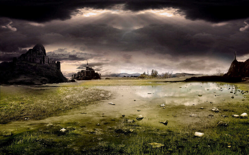 Dark fantasy landscape with castles