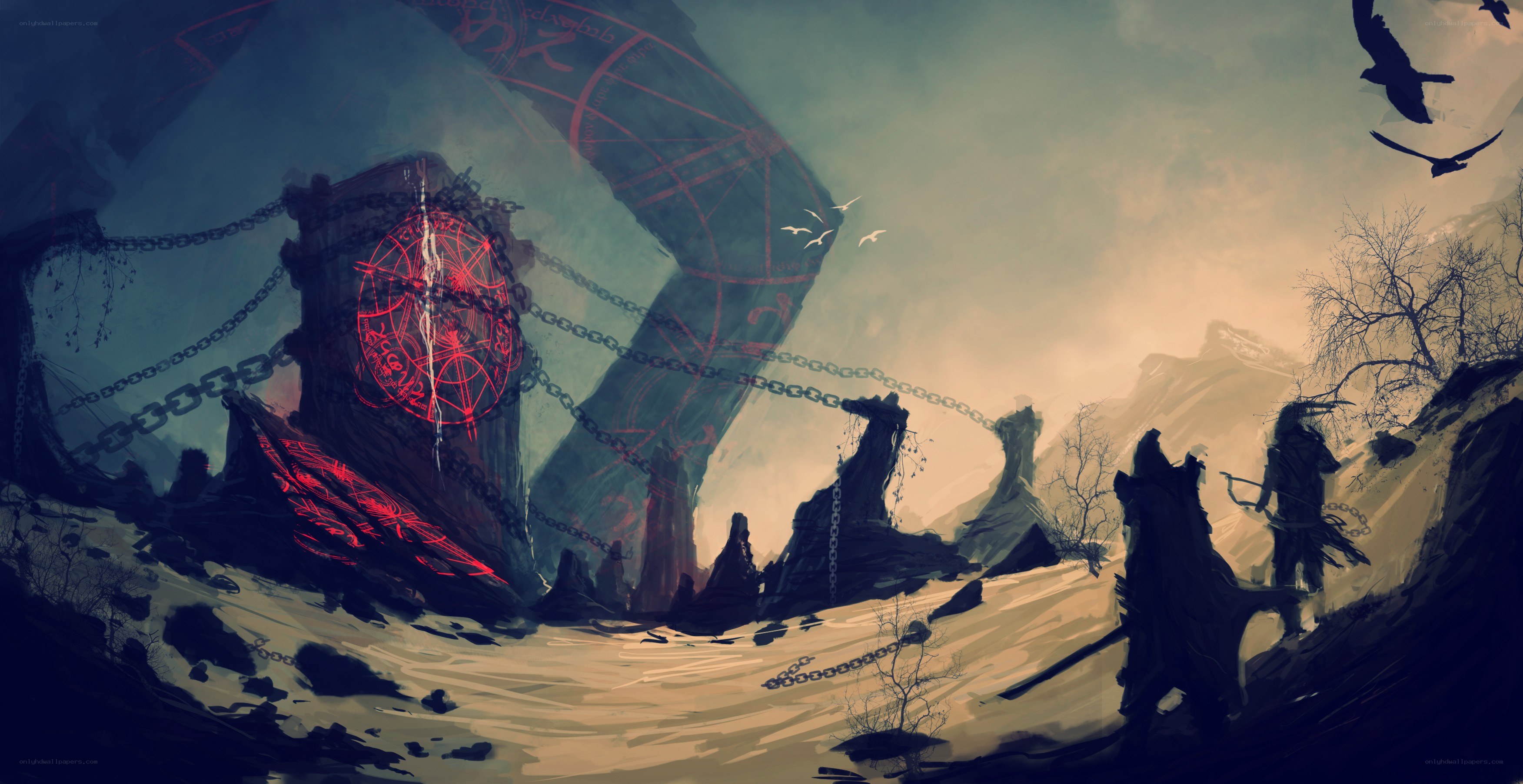 Dark fantasy landscape with chains