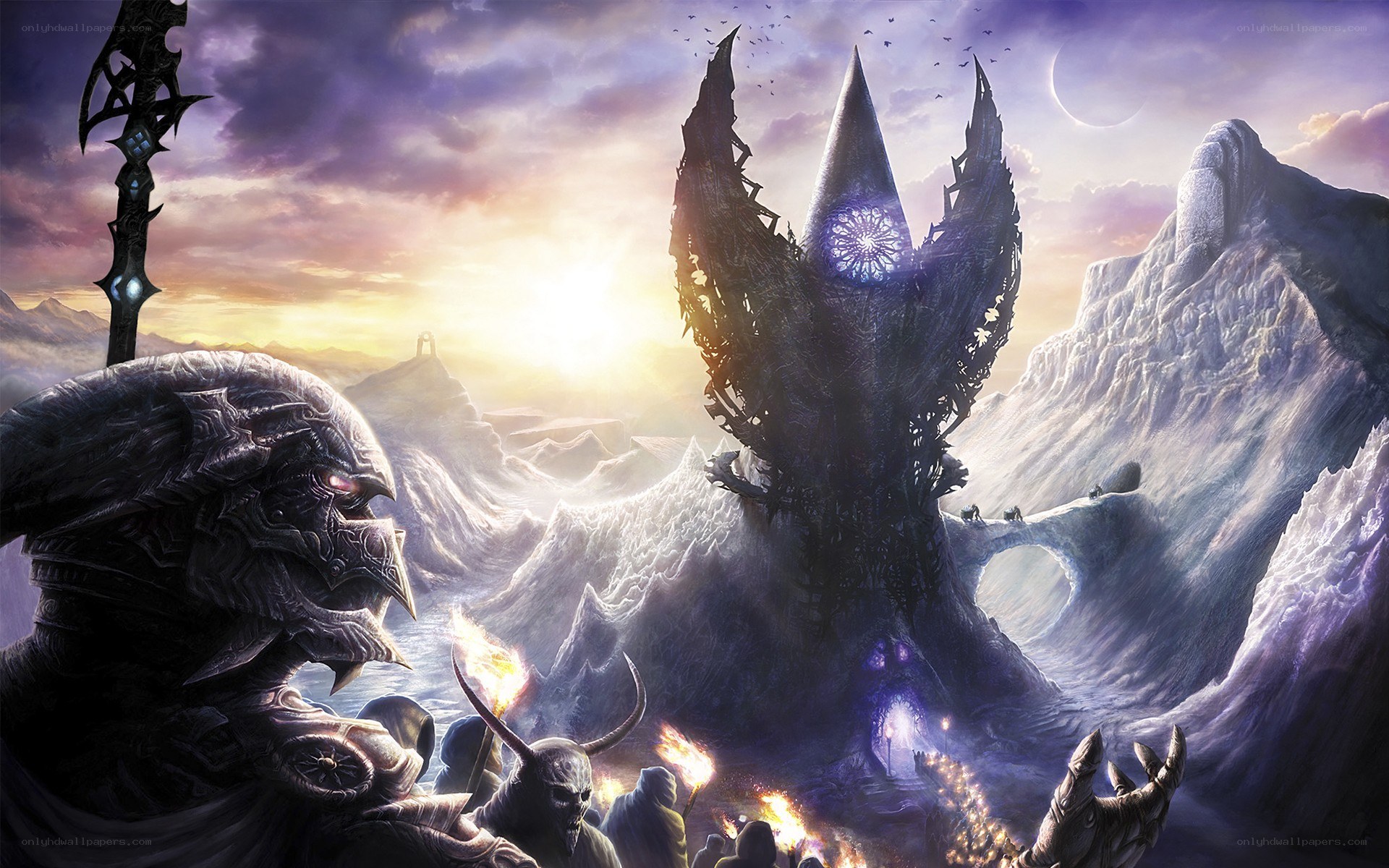 dark fantasy landscape with fortress