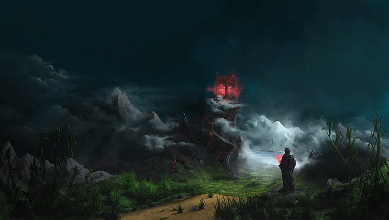 Dark fantasy landscape with glowing structure
