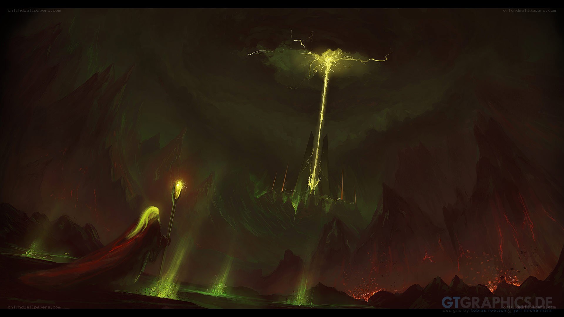 Dark fantasy landscape with lightning