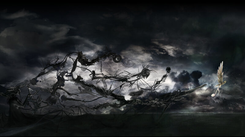 Dark fantasy landscape with skeletal figures