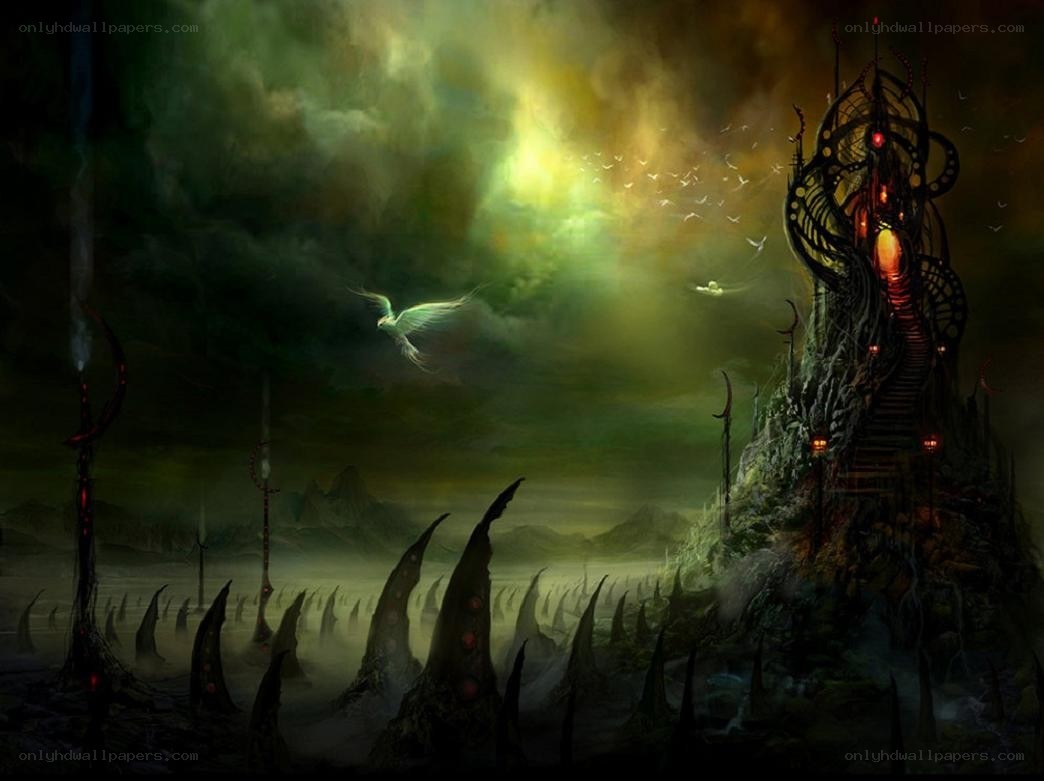 dark fantasy landscape with tower