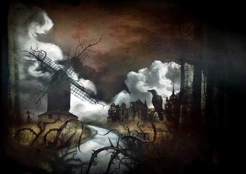 Dark fantasy landscape with windmill